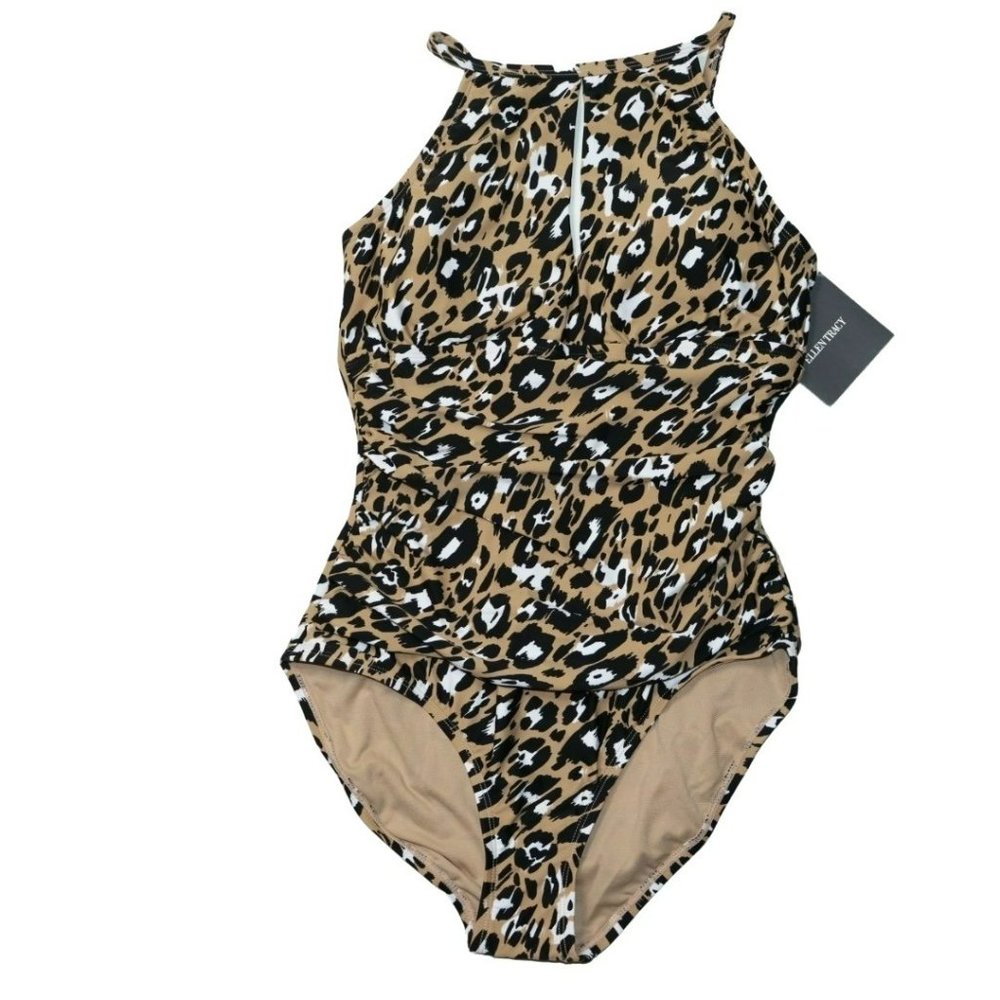 Ellen Tracy Tan Leopard Animal Print One-Piece Swimsuit NWT | Size 8 - Picture 1 of 8